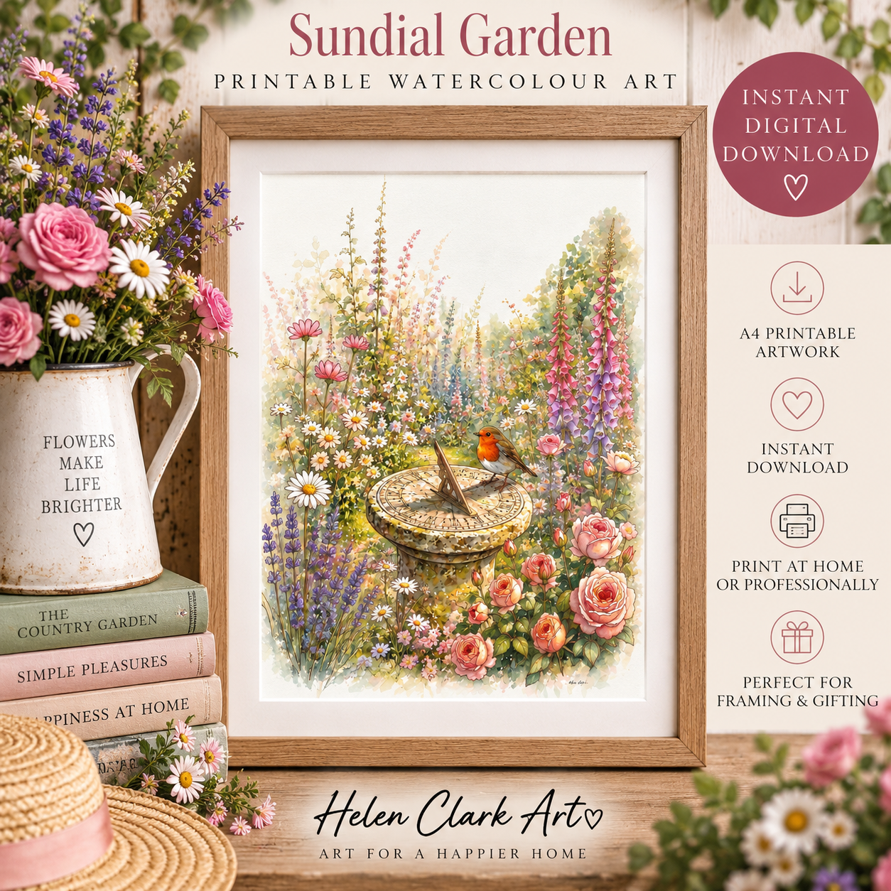 Sundial Garden Angel - Printable Watercolour Art