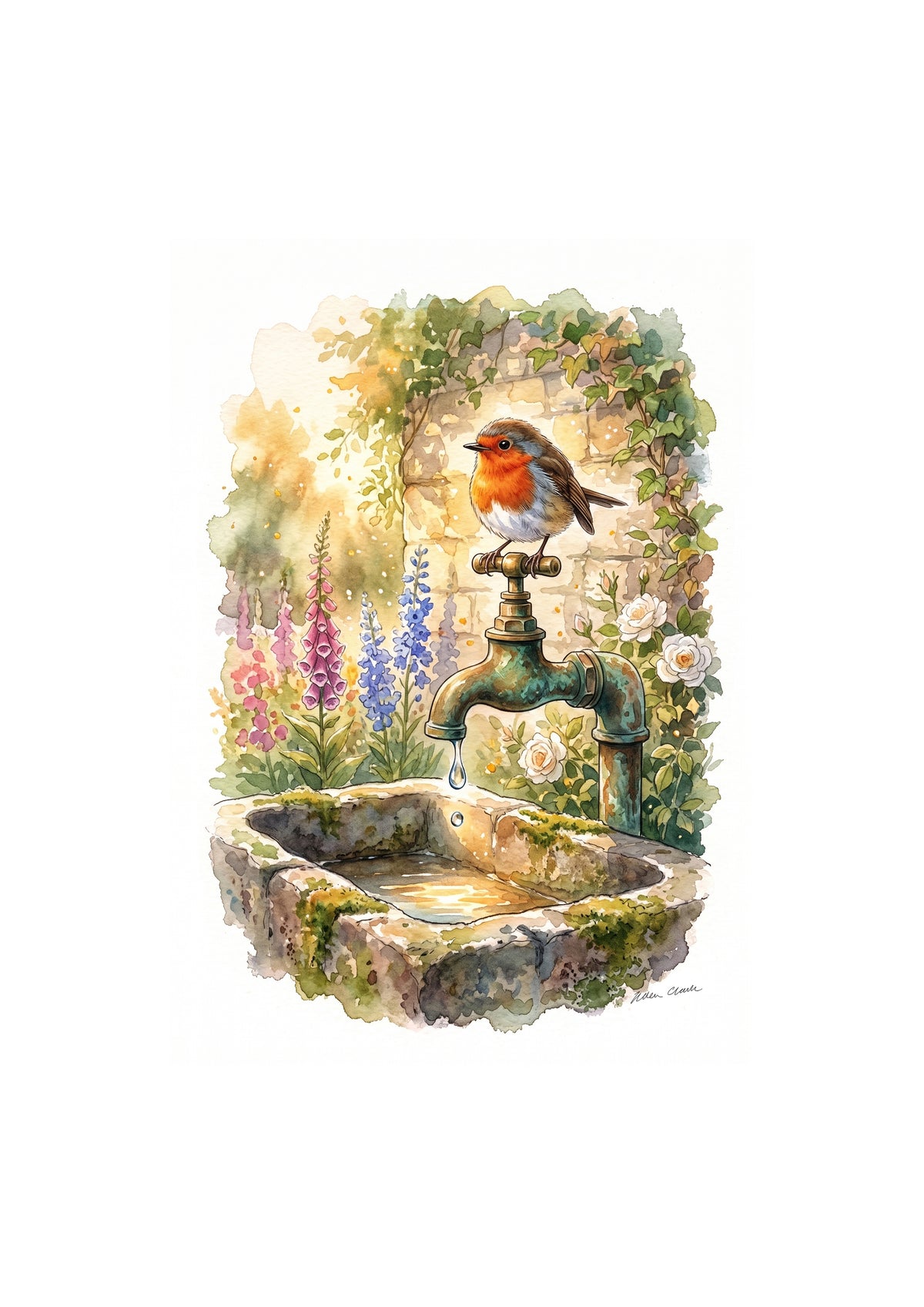 Robin's Water Trough - Printable Watercolour Art