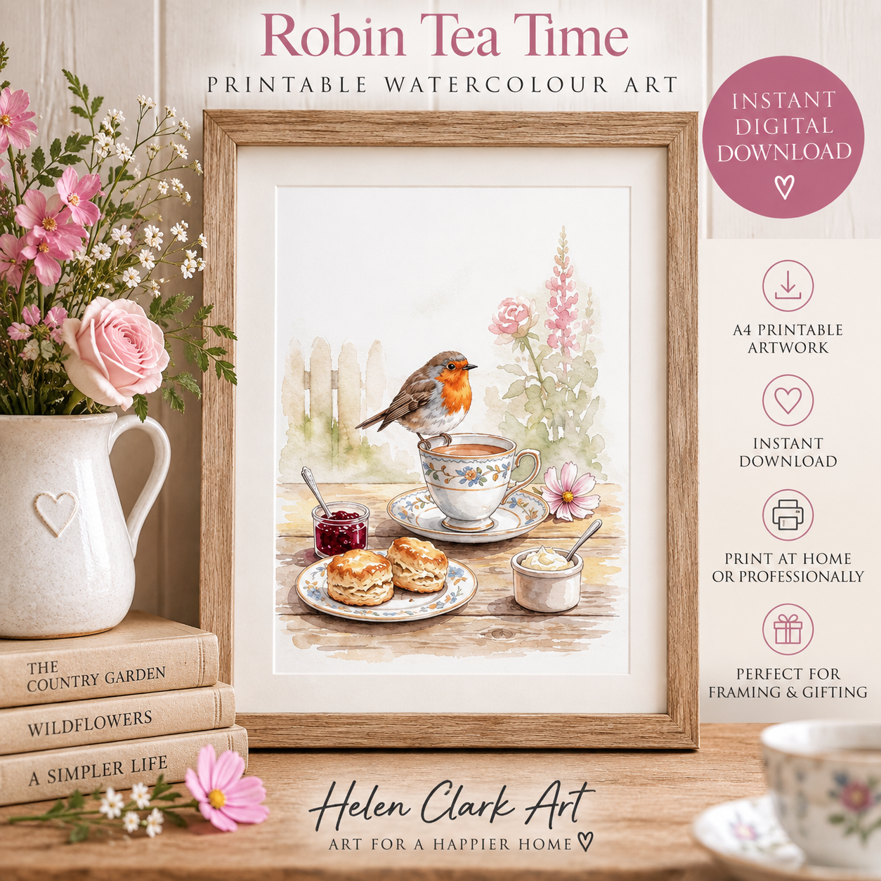 Robin Tea Time  - Printable Watercolour Art