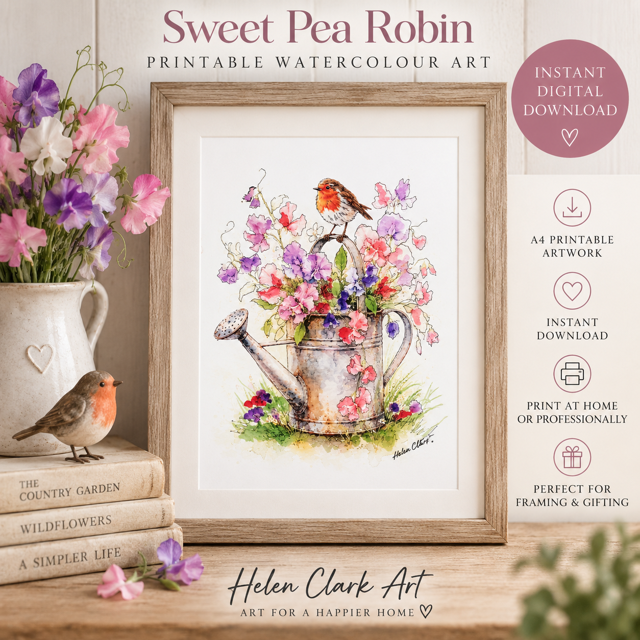 Sweet Pea Robin - Printable Watercolour Art