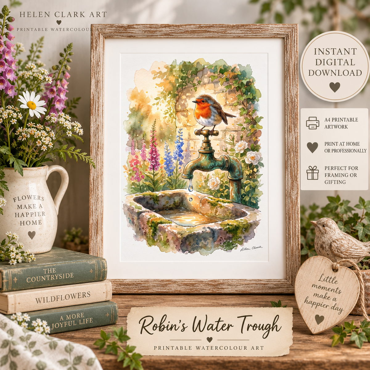 Robin's Water Trough - Printable Watercolour Art