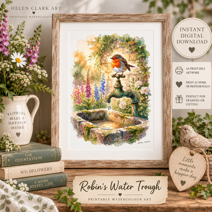 Robin's Water Trough - Printable Watercolour Art