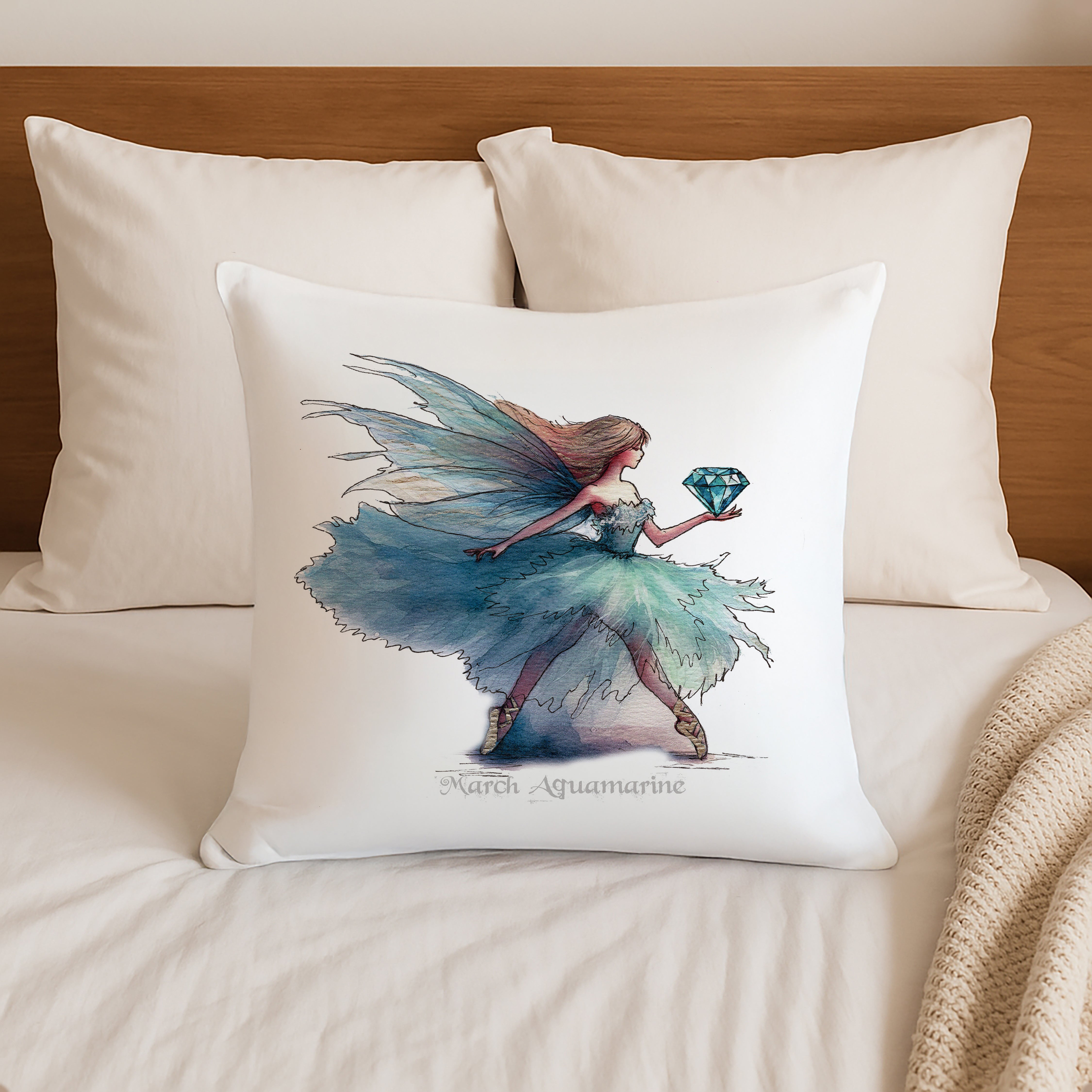 March Aquamarine Birthstone Fairy Cushion