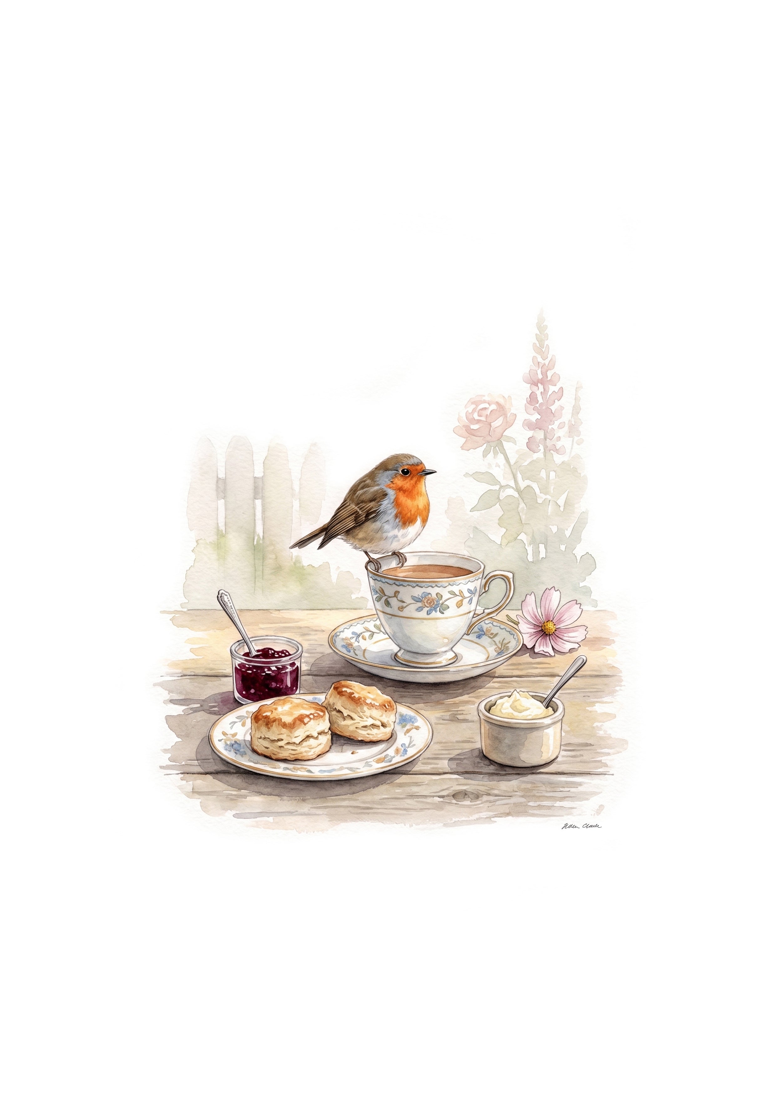 Robin Tea Time  - Printable Watercolour Art