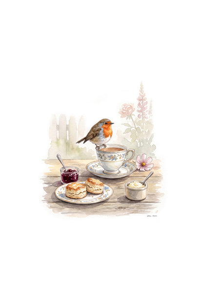 Robin Tea Time  - Printable Watercolour Art