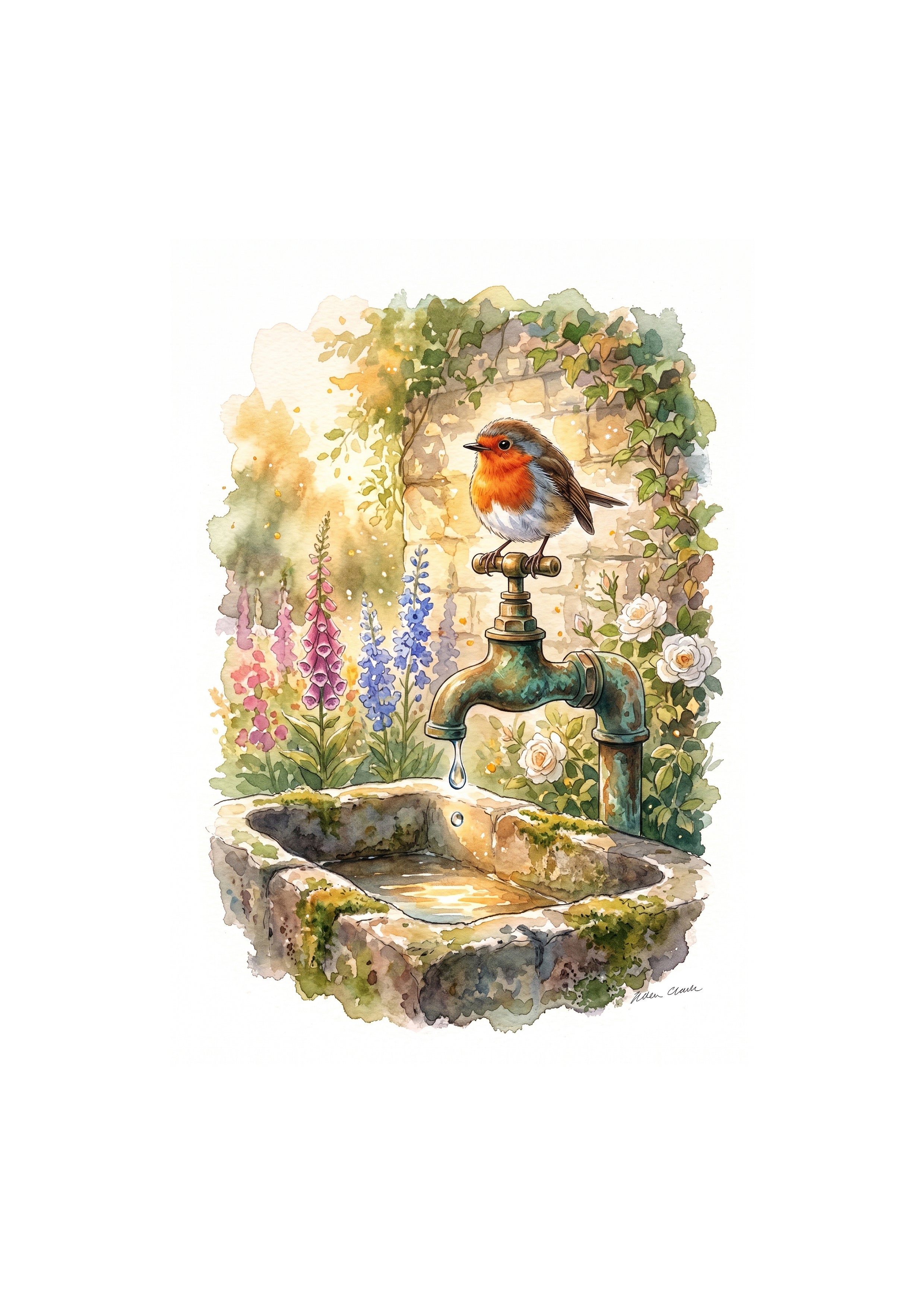 Robin's Water Trough - Printable Watercolour Art
